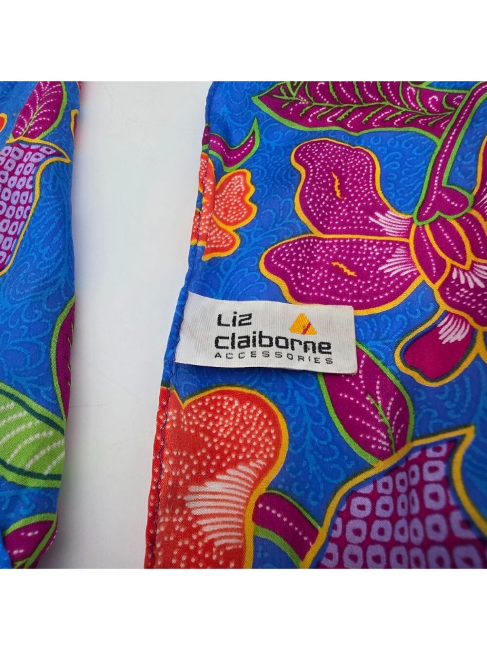 Liz Claiborne Floral Scarf Blue & Pink Lightweight Vibrant Pattern 52"x10" - Picture 6 of 7